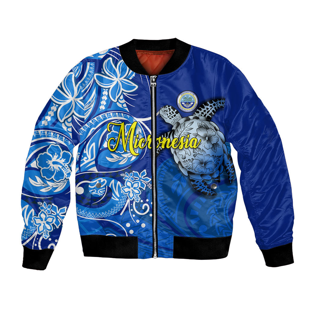 Micronesia Sea Turtle Bomber Jacket Federated States Of Micronesia Tribal Floral Pattern TS04 Unisex Blue White - Polynesian Pride