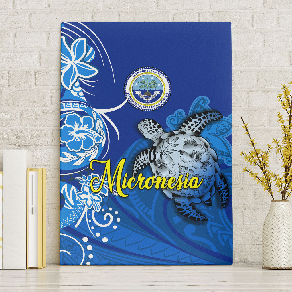 Micronesia Sea Turtle Canvas Wall Art Federated States Of Micronesia Tribal Floral Pattern TS04 Without Frame Blue White - Polynesian Pride
