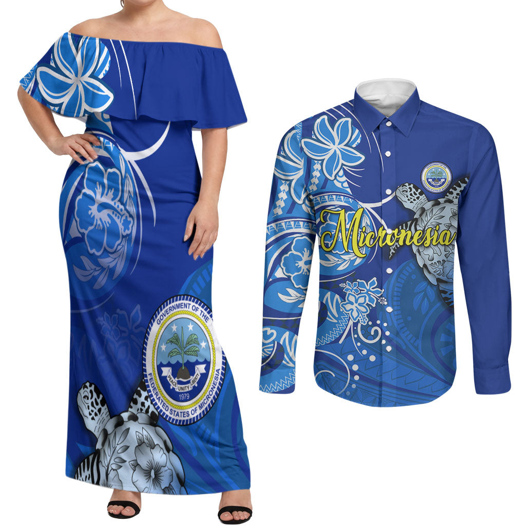 Micronesia Sea Turtle Couples Matching Off Shoulder Maxi Dress and Long Sleeve Button Shirt Federated States Of Micronesia Tribal Floral Pattern