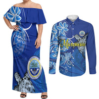 Micronesia Sea Turtle Couples Matching Off Shoulder Maxi Dress and Long Sleeve Button Shirt Federated States Of Micronesia Tribal Floral Pattern