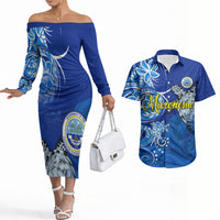 Micronesia Sea Turtle Couples Matching Off The Shoulder Long Sleeve Dress and Hawaiian Shirt Federated States Of Micronesia Tribal Floral Pattern