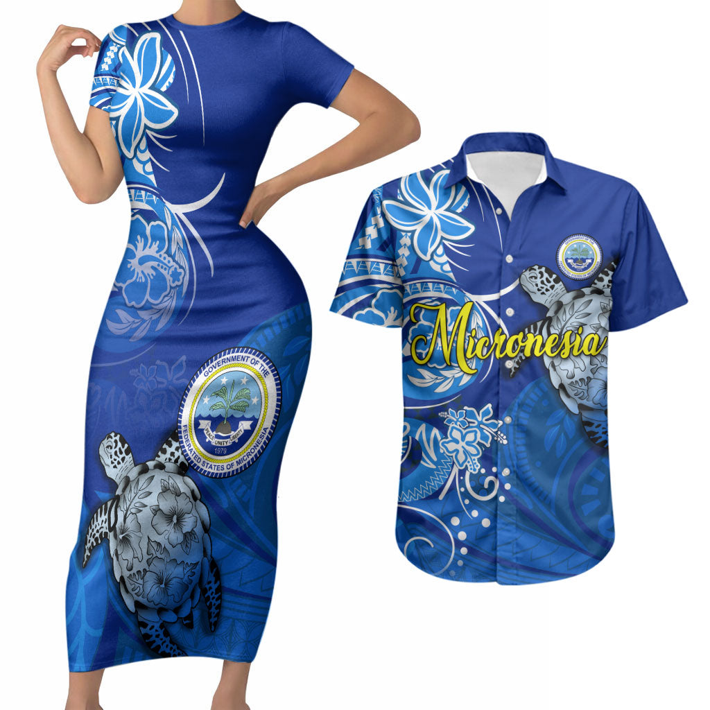Micronesia Sea Turtle Couples Matching Short Sleeve Bodycon Dress and Hawaiian Shirt Federated States Of Micronesia Tribal Floral Pattern