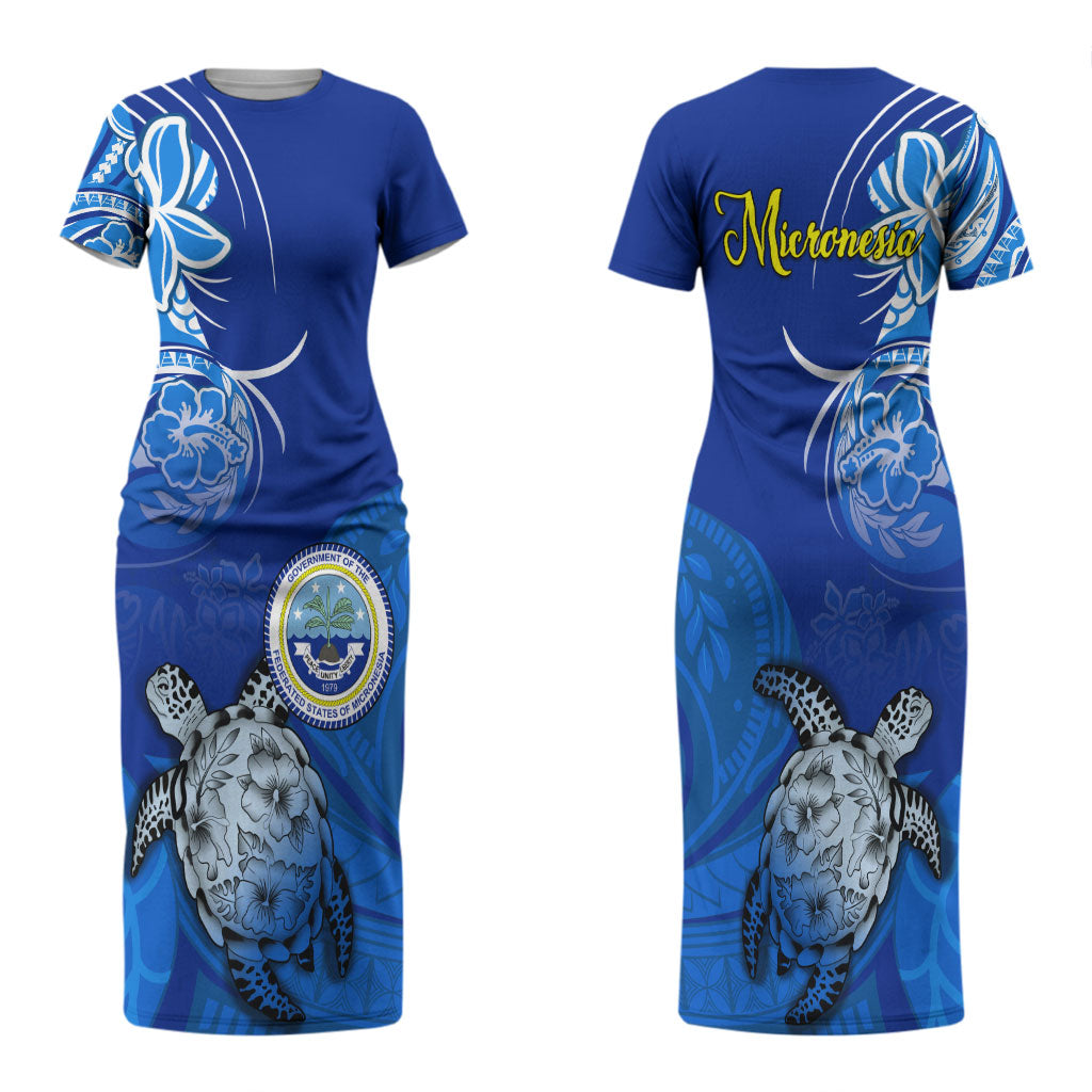 Micronesia Sea Turtle Couples Matching Short Sleeve Bodycon Dress and Hawaiian Shirt Federated States Of Micronesia Tribal Floral Pattern