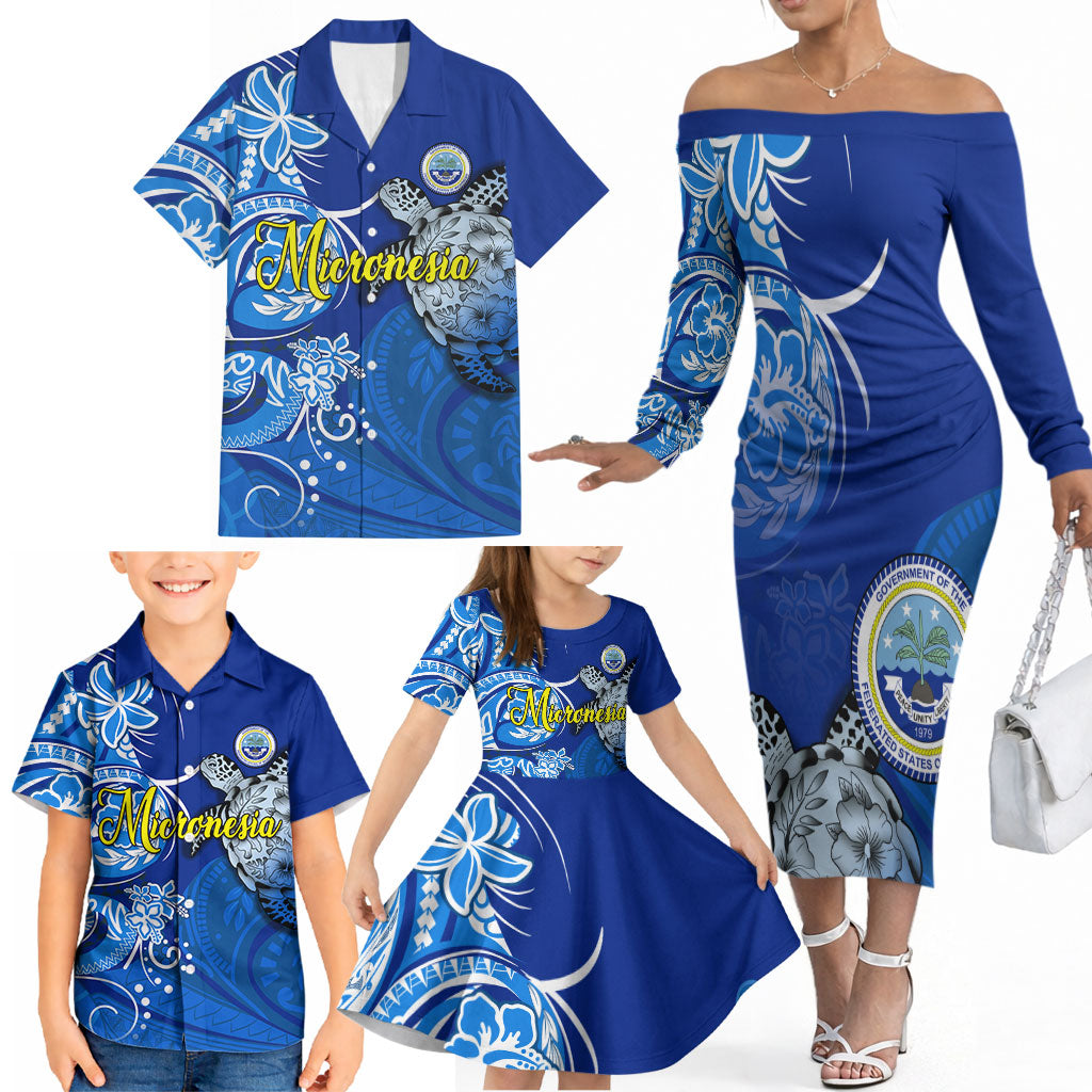 Micronesia Sea Turtle Family Matching Off The Shoulder Long Sleeve Dress and Hawaiian Shirt Federated States Of Micronesia Tribal Floral Pattern TS04 - Polynesian Pride