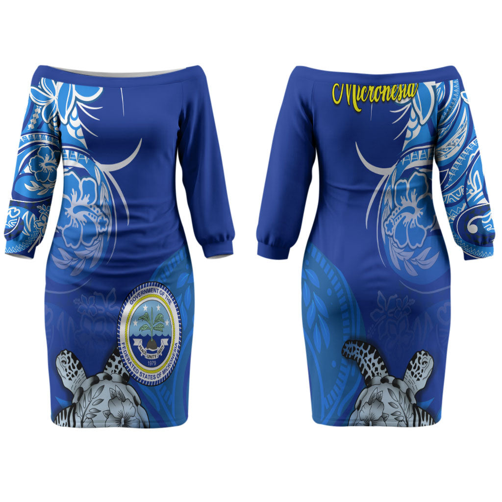 Micronesia Sea Turtle Family Matching Off The Shoulder Long Sleeve Dress and Hawaiian Shirt Federated States Of Micronesia Tribal Floral Pattern