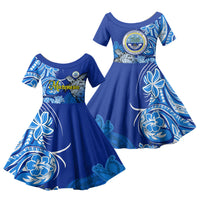 Micronesia Sea Turtle Family Matching Off Shoulder Short Dress and Hawaiian Shirt Federated States Of Micronesia Tribal Floral Pattern