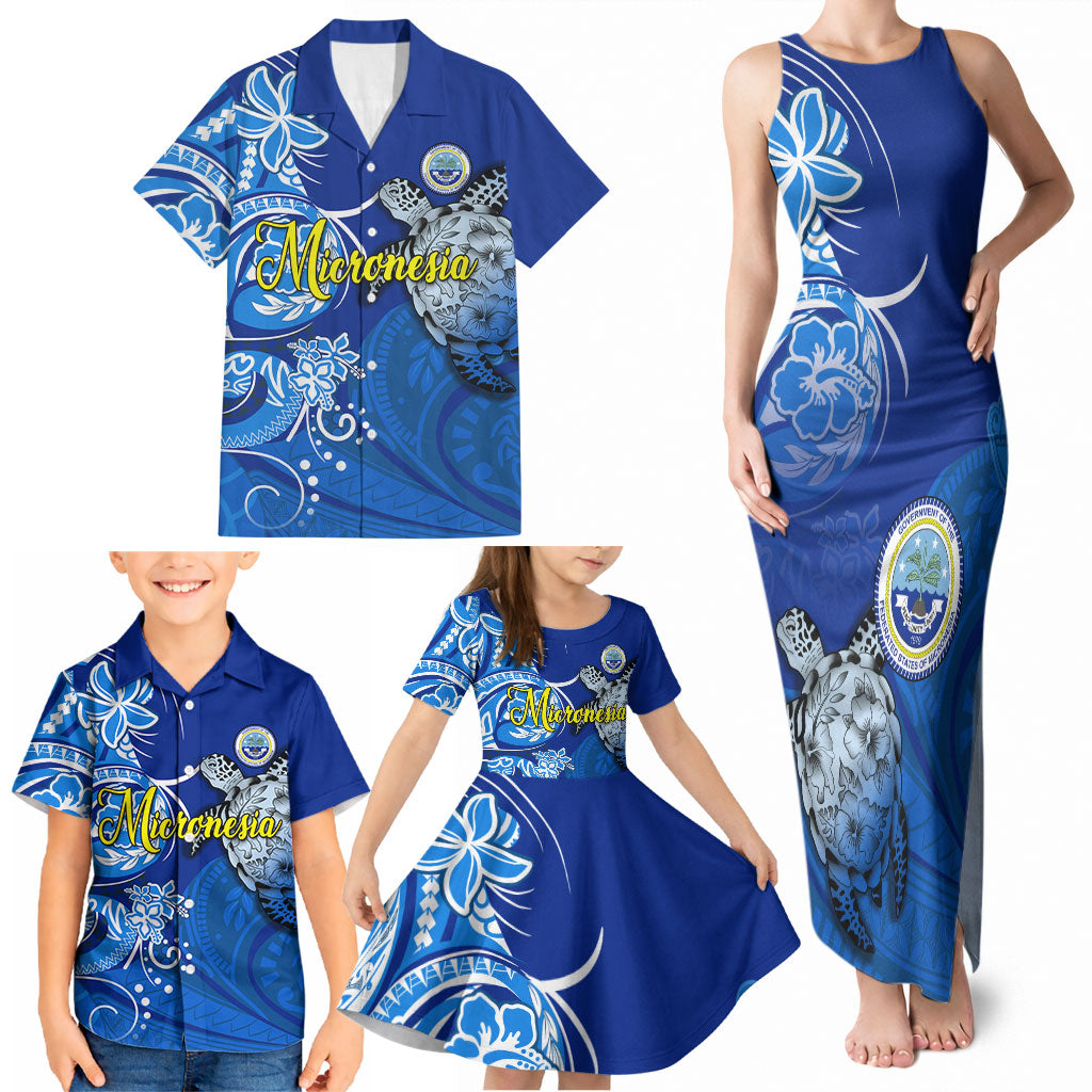 Micronesia Sea Turtle Family Matching Tank Maxi Dress and Hawaiian Shirt Federated States Of Micronesia Tribal Floral Pattern