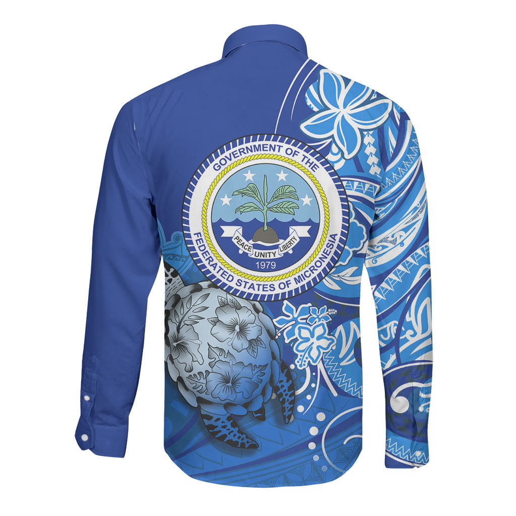 Micronesia Sea Turtle Long Sleeve Button Shirt Federated States Of Micronesia Tribal Floral Pattern