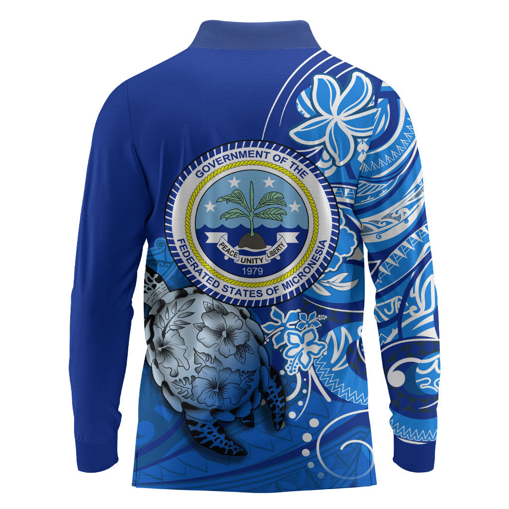 Micronesia Sea Turtle Long Sleeve Polo Shirt Federated States Of Micronesia Tribal Floral Pattern
