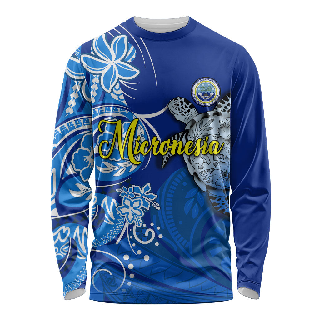 Micronesia Sea Turtle Long Sleeve Shirt Federated States Of Micronesia Tribal Floral Pattern TS04 Unisex Blue White - Polynesian Pride