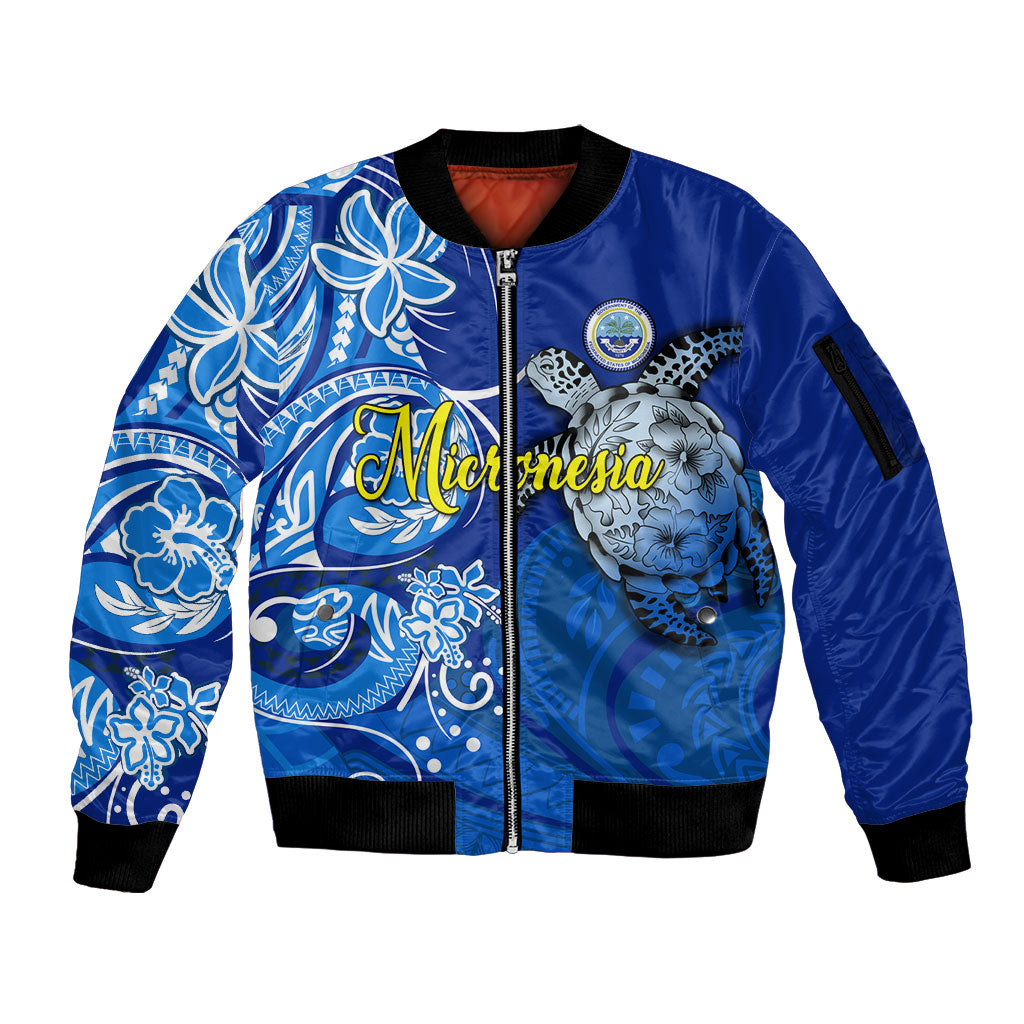 Micronesia Sea Turtle Sleeve Zip Bomber Jacket Federated States Of Micronesia Tribal Floral Pattern