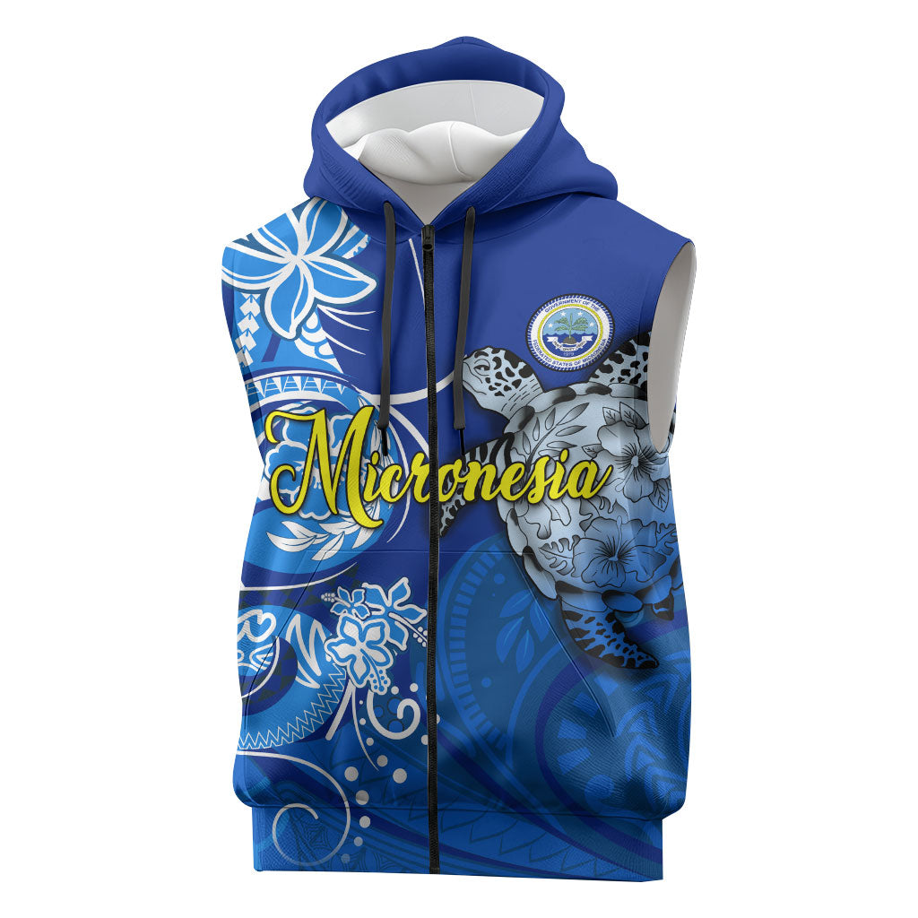 Micronesia Sea Turtle Sleeveless Zip Hoodie Federated States Of Micronesia Tribal Floral Pattern