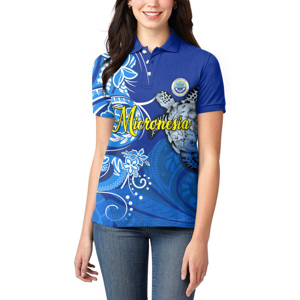 Micronesia Sea Turtle Women Polo Shirt Federated States Of Micronesia Tribal Floral Pattern