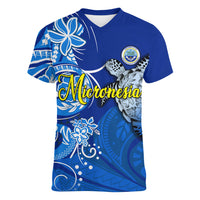 Micronesia Sea Turtle Women V-Neck T-Shirt Federated States Of Micronesia Tribal Floral Pattern