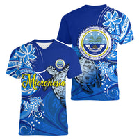 Micronesia Sea Turtle Women V-Neck T-Shirt Federated States Of Micronesia Tribal Floral Pattern