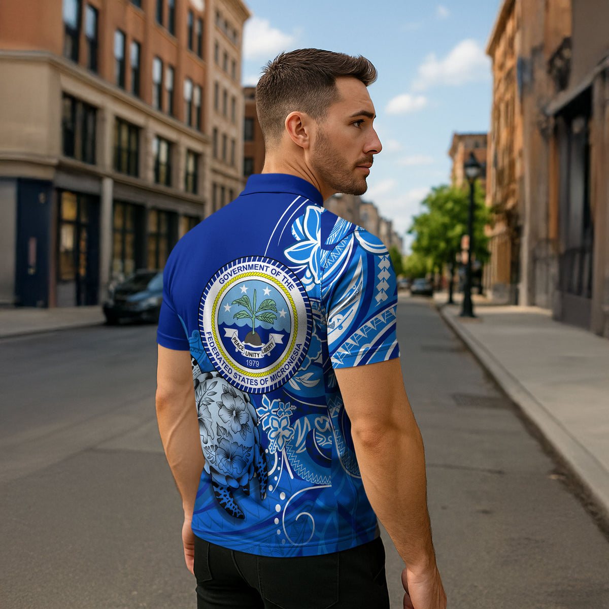 Micronesia Sea Turtle Zipper Polo Shirt Federated States Of Micronesia Tribal Floral Pattern