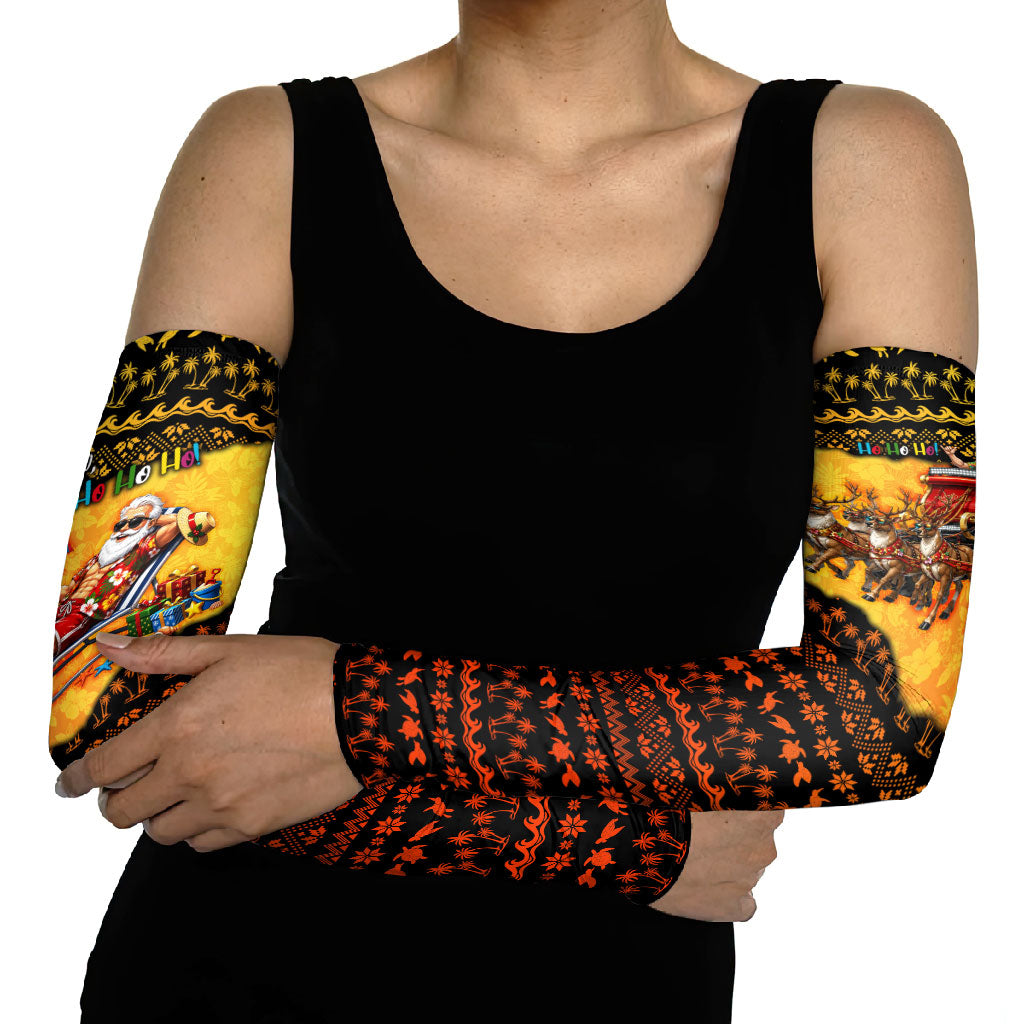 Tropical Christmas In July Santa Claus Arm Sleeves Festive Hawaiian With Beach Reindeer Sleigh