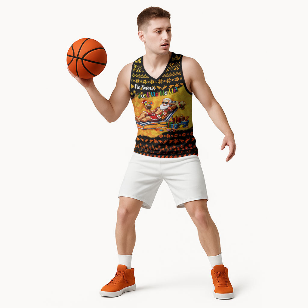 Tropical Christmas In July Santa Claus Basketball Jersey Festive Hawaiian With Beach Reindeer Sleigh