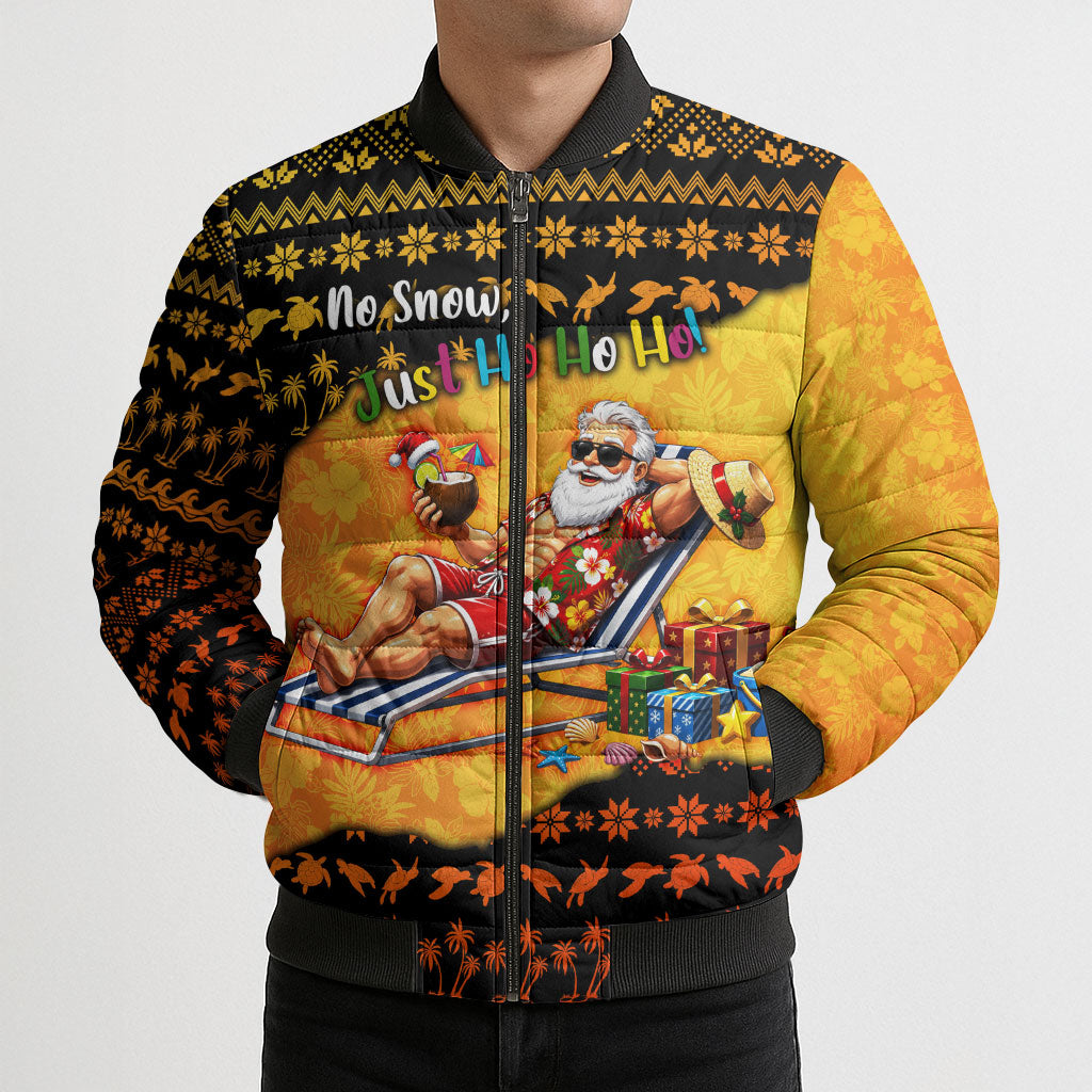 Tropical Christmas In July Santa Claus Bomber Puffer Jacket Festive Hawaiian With Beach Reindeer Sleigh