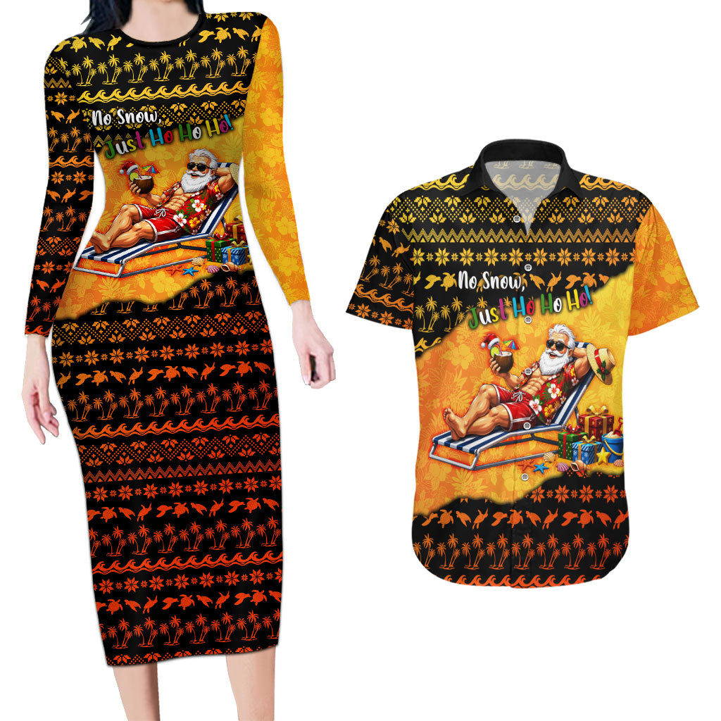 Tropical Christmas In July Santa Claus Couples Matching Long Sleeve Bodycon Dress and Hawaiian Shirt Festive Hawaiian With Beach Reindeer Sleigh