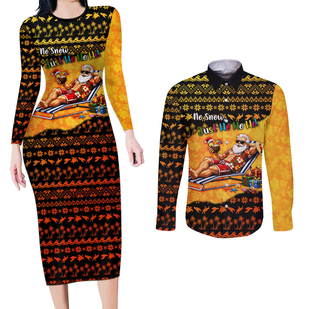 Tropical Christmas In July Santa Claus Couples Matching Long Sleeve Bodycon Dress and Long Sleeve Button Shirt Festive Hawaiian With Beach Reindeer Sleigh