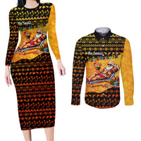 Tropical Christmas In July Santa Claus Couples Matching Long Sleeve Bodycon Dress and Long Sleeve Button Shirt Festive Hawaiian With Beach Reindeer Sleigh