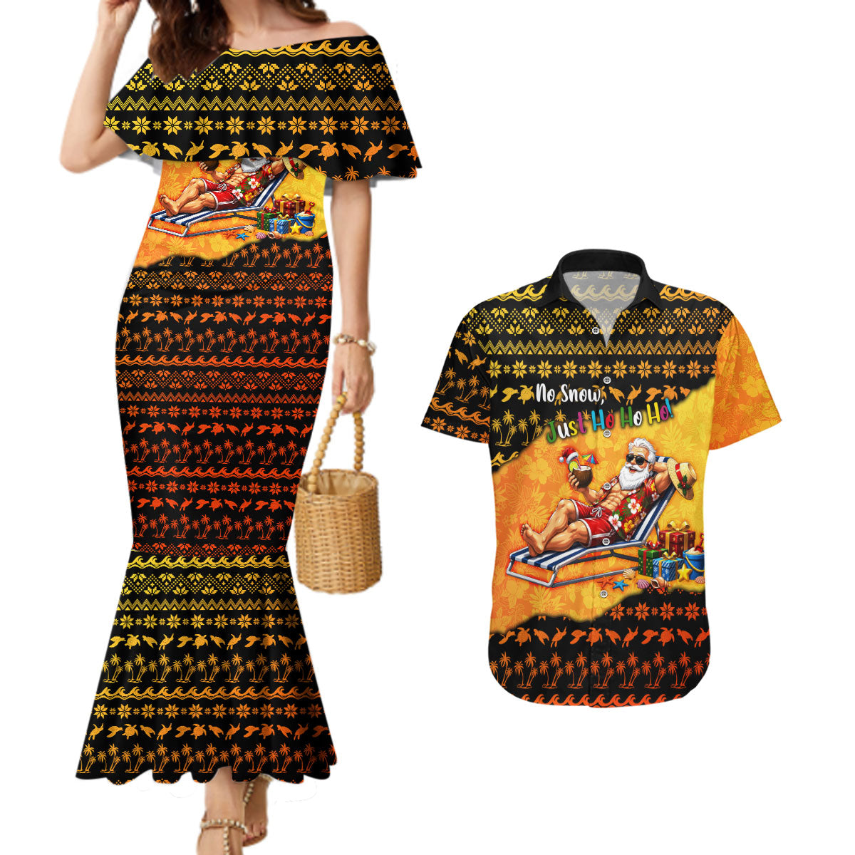 Tropical Christmas In July Santa Claus Couples Matching Mermaid Dress and Hawaiian Shirt Festive Hawaiian With Beach Reindeer Sleigh