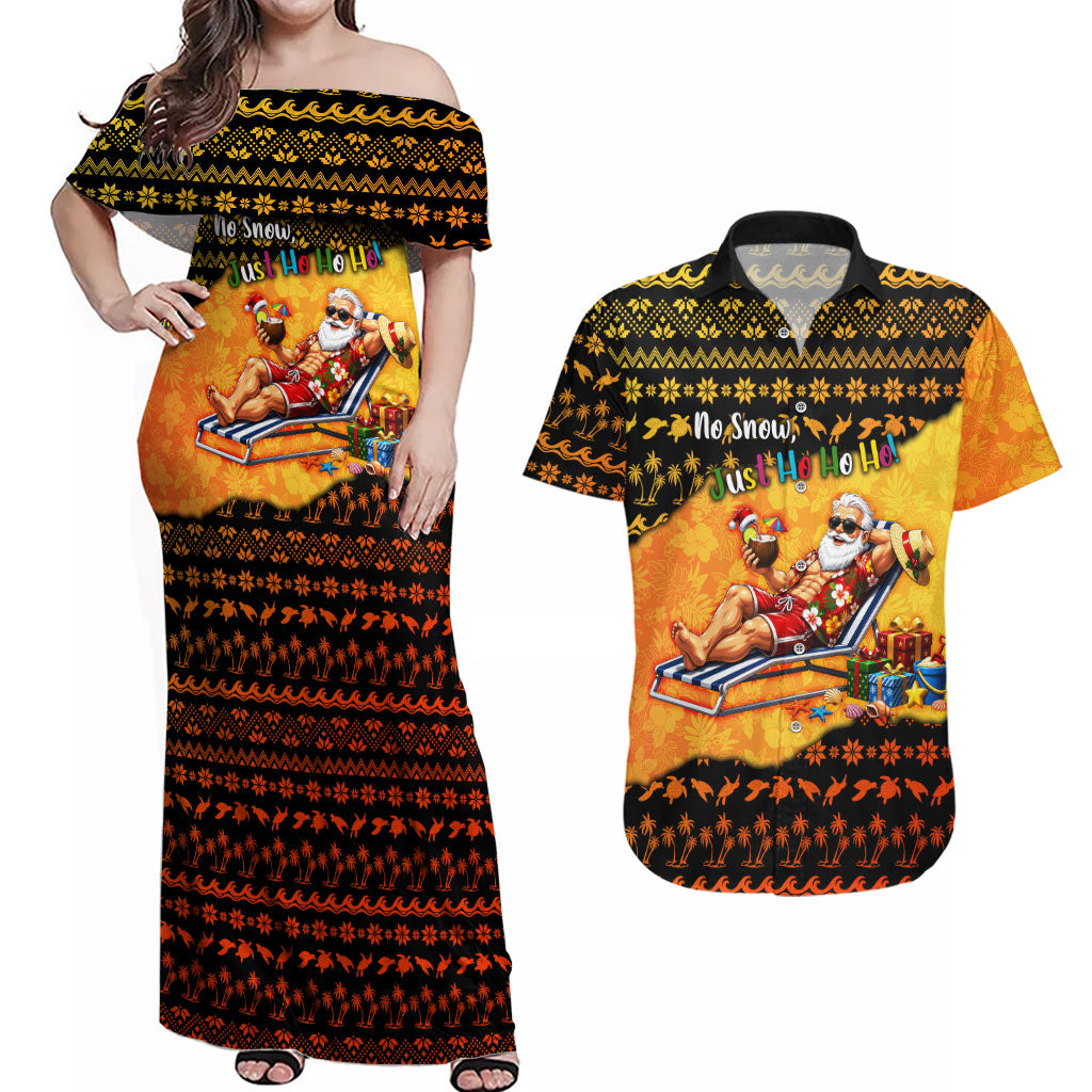 Tropical Christmas In July Santa Claus Couples Matching Off Shoulder Maxi Dress and Hawaiian Shirt Festive Hawaiian With Beach Reindeer Sleigh