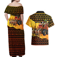 Tropical Christmas In July Santa Claus Couples Matching Off Shoulder Maxi Dress and Hawaiian Shirt Festive Hawaiian With Beach Reindeer Sleigh