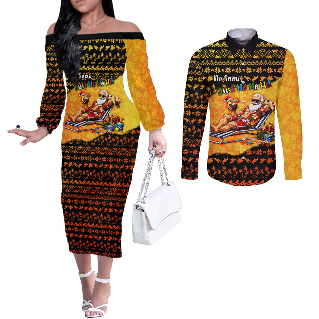 Tropical Christmas In July Santa Claus Couples Matching Off The Shoulder Long Sleeve Dress and Long Sleeve Button Shirt Festive Hawaiian With Beach Reindeer Sleigh