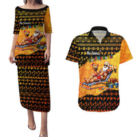 Tropical Christmas In July Santa Claus Couples Matching Puletasi and Hawaiian Shirt Festive Hawaiian With Beach Reindeer Sleigh