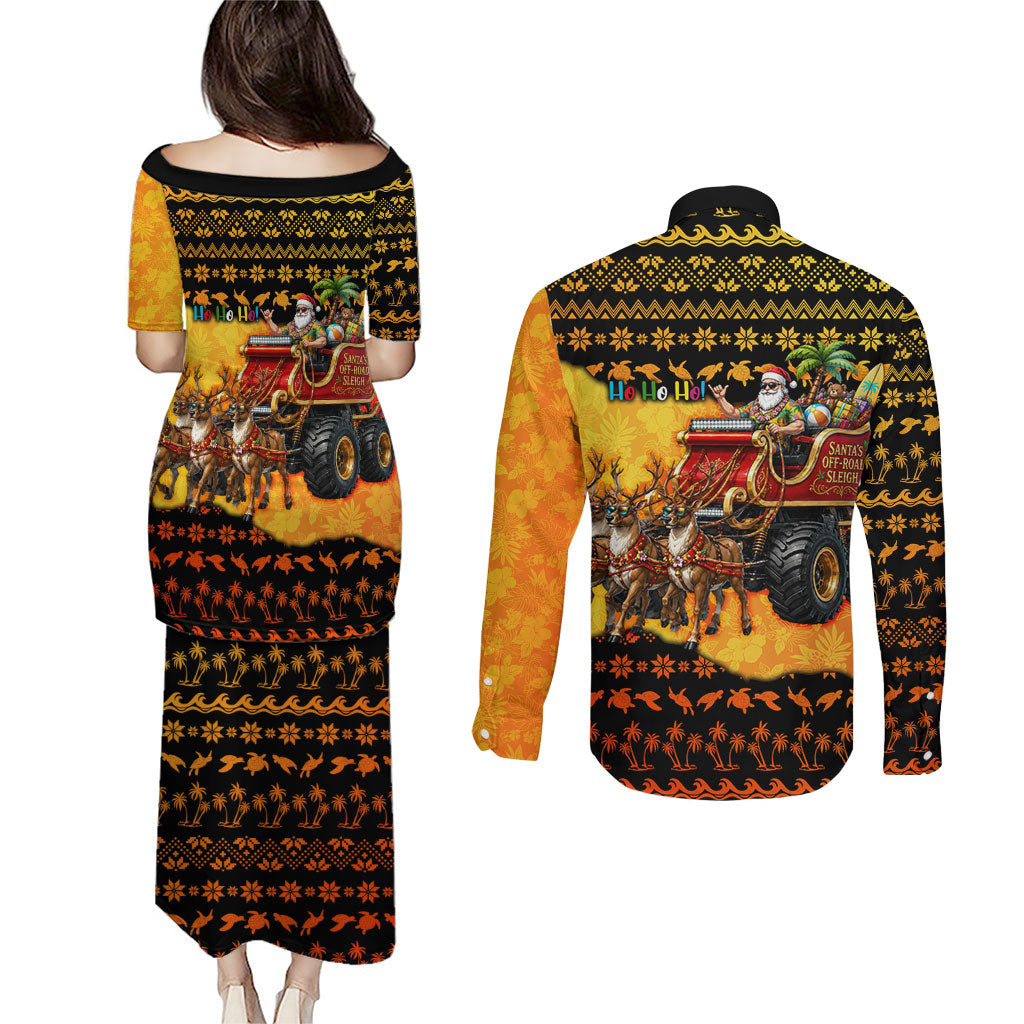Tropical Christmas In July Santa Claus Couples Matching Puletasi and Long Sleeve Button Shirt Festive Hawaiian With Beach Reindeer Sleigh