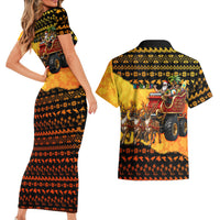 Tropical Christmas In July Santa Claus Couples Matching Short Sleeve Bodycon Dress and Hawaiian Shirt Festive Hawaiian With Beach Reindeer Sleigh
