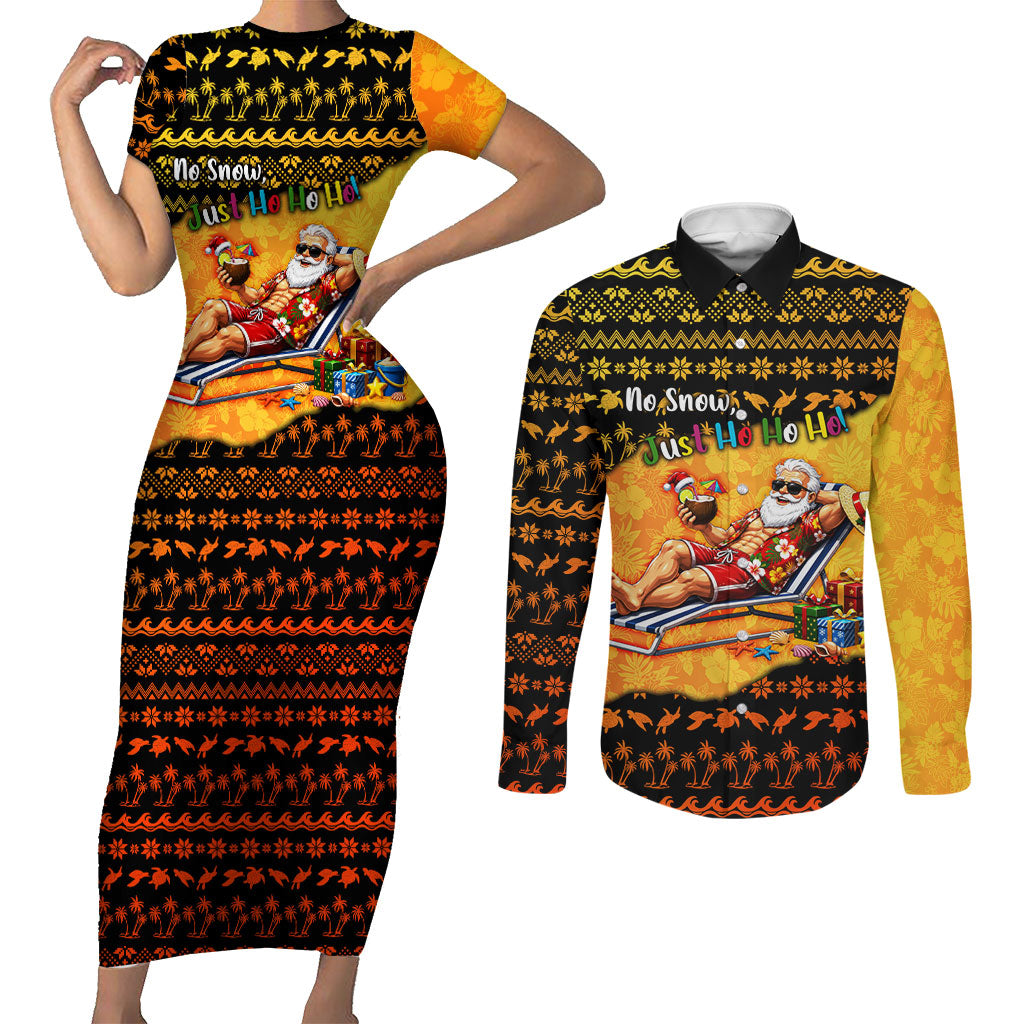 Tropical Christmas In July Santa Claus Couples Matching Short Sleeve Bodycon Dress and Long Sleeve Button Shirt Festive Hawaiian With Beach Reindeer Sleigh