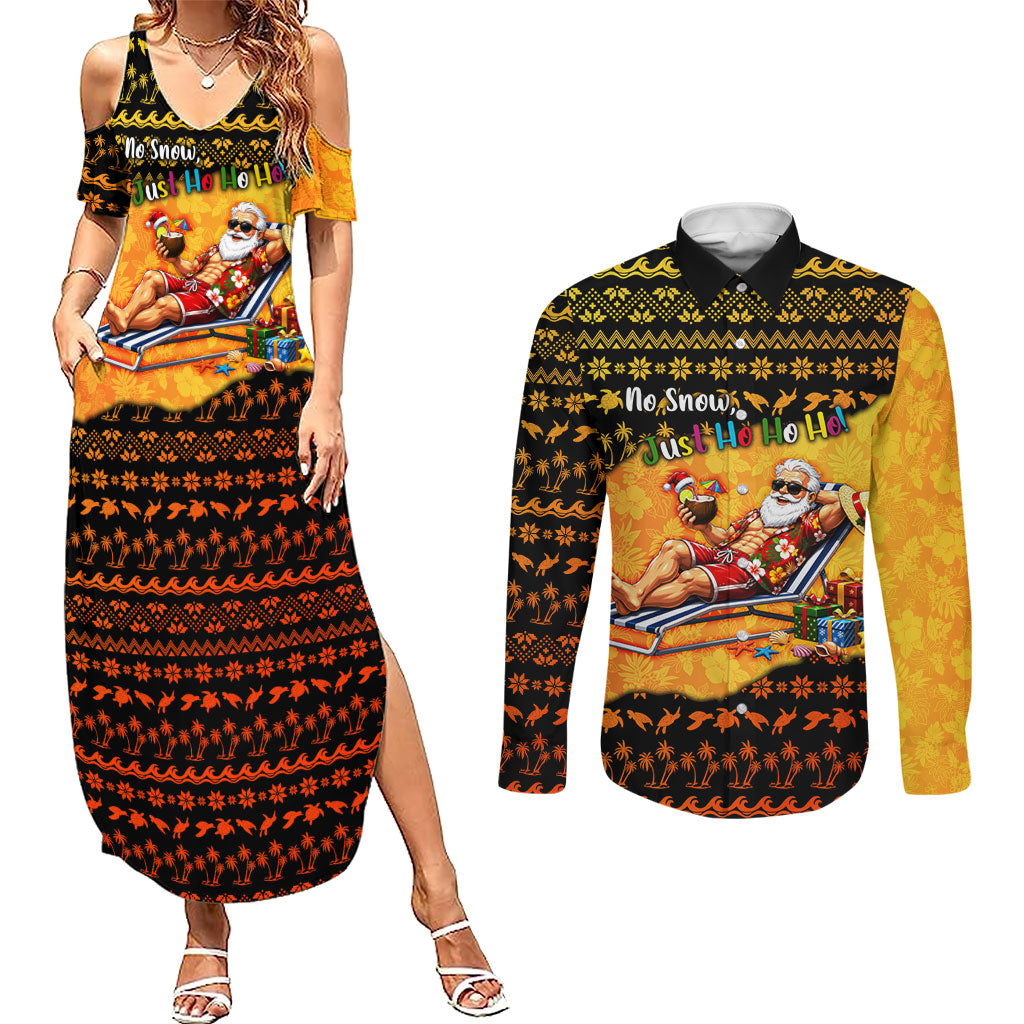 Tropical Christmas In July Santa Claus Couples Matching Summer Maxi Dress and Long Sleeve Button Shirt Festive Hawaiian With Beach Reindeer Sleigh