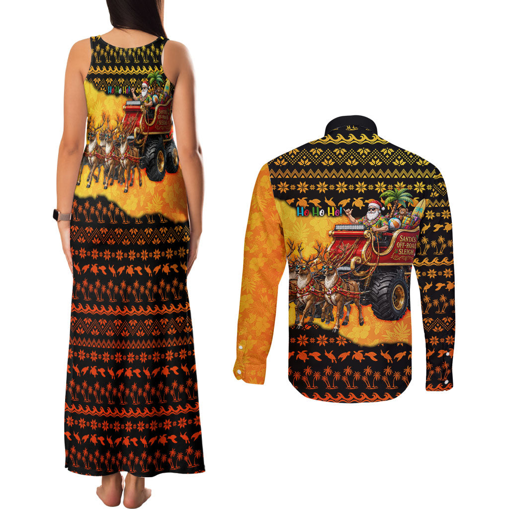 Tropical Christmas In July Santa Claus Couples Matching Tank Maxi Dress and Long Sleeve Button Shirt Festive Hawaiian With Beach Reindeer Sleigh