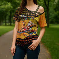 Tropical Christmas In July Santa Claus Cross Shoulder Shirt Festive Hawaiian With Beach Reindeer Sleigh