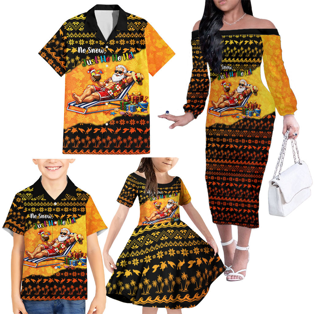 Tropical Christmas In July Santa Claus Family Matching Off The Shoulder Long Sleeve Dress and Hawaiian Shirt Festive Hawaiian With Beach Reindeer Sleigh