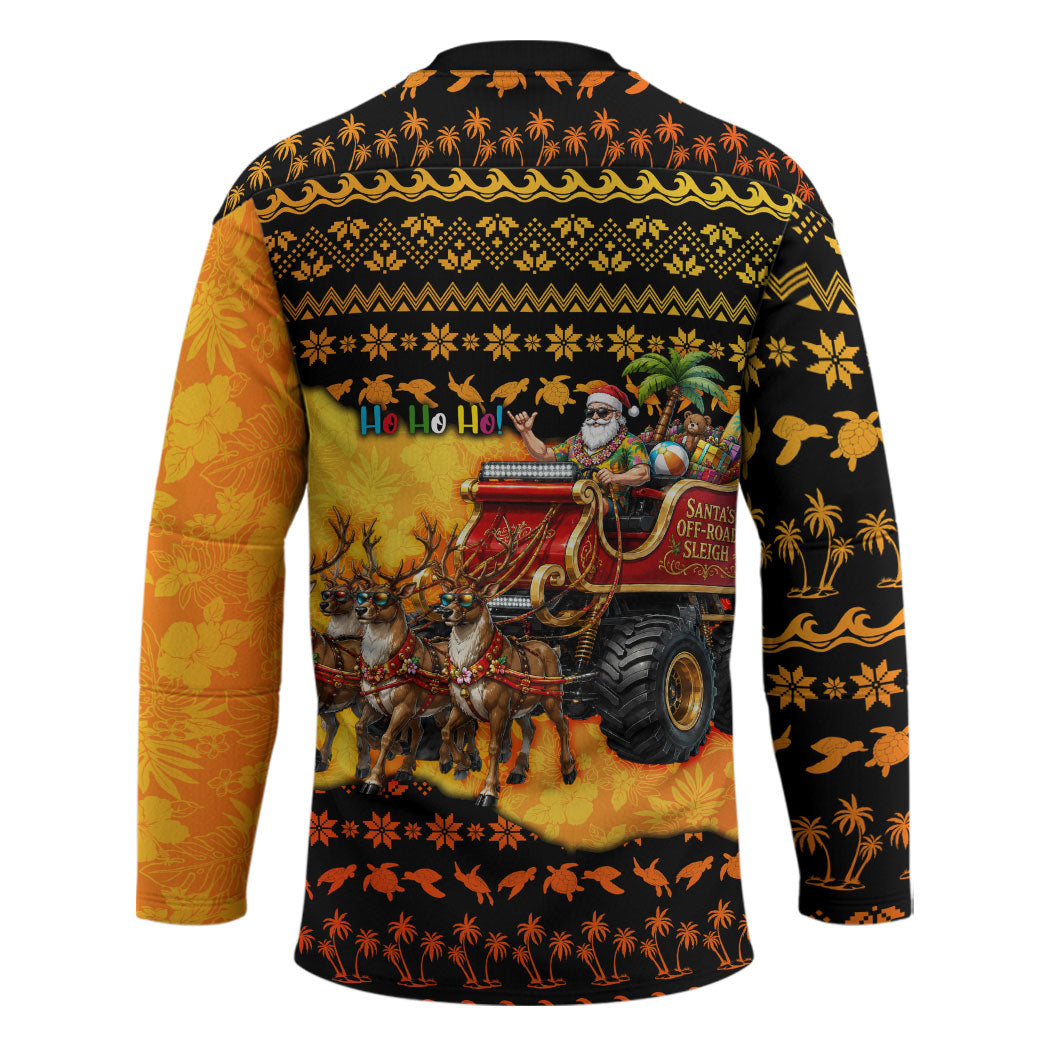 Tropical Christmas In July Santa Claus Hockey Jersey Festive Hawaiian With Beach Reindeer Sleigh