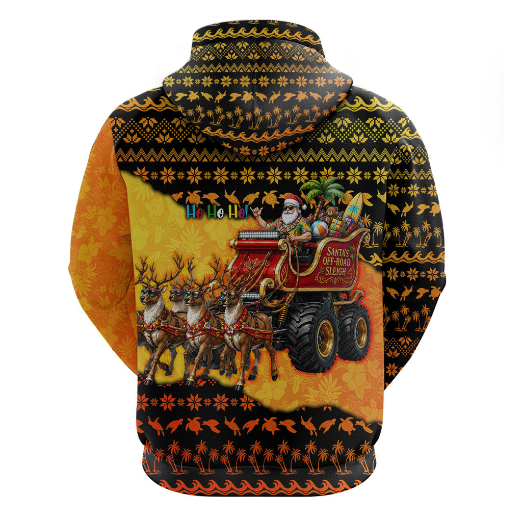 Tropical Christmas In July Santa Claus Hoodie Festive Hawaiian With Beach Reindeer Sleigh