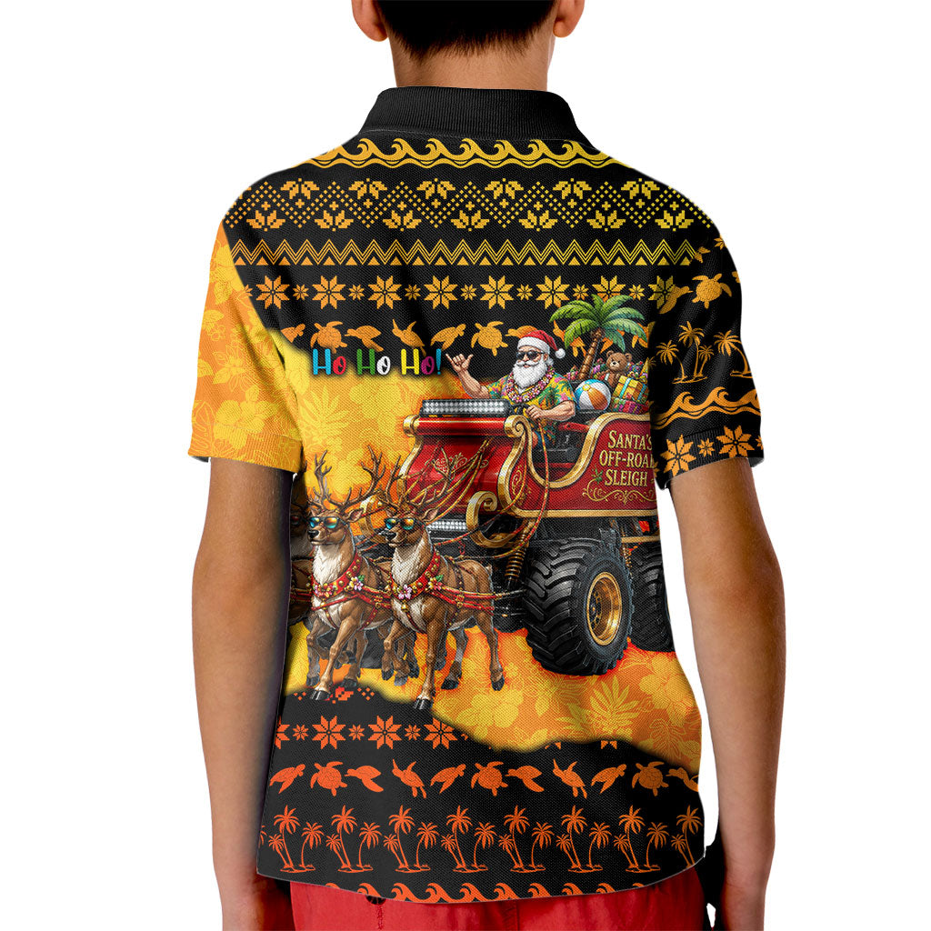 Tropical Christmas In July Santa Claus Kid Polo Shirt Festive Hawaiian With Beach Reindeer Sleigh