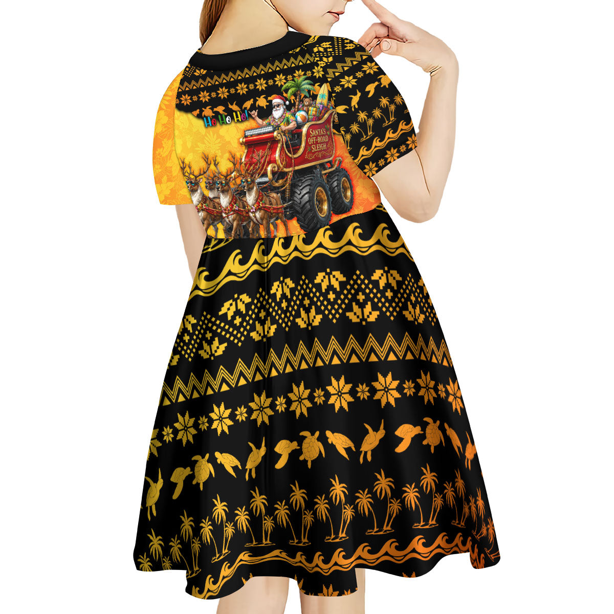 Tropical Christmas In July Santa Claus Kid Short Sleeve Dress Festive Hawaiian With Beach Reindeer Sleigh