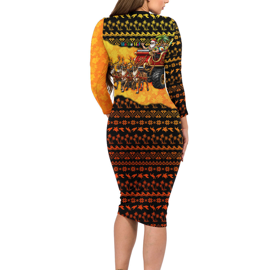 Tropical Christmas In July Santa Claus Long Sleeve Bodycon Dress Festive Hawaiian With Beach Reindeer Sleigh