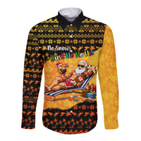 Tropical Christmas In July Santa Claus Long Sleeve Button Shirt Festive Hawaiian With Beach Reindeer Sleigh