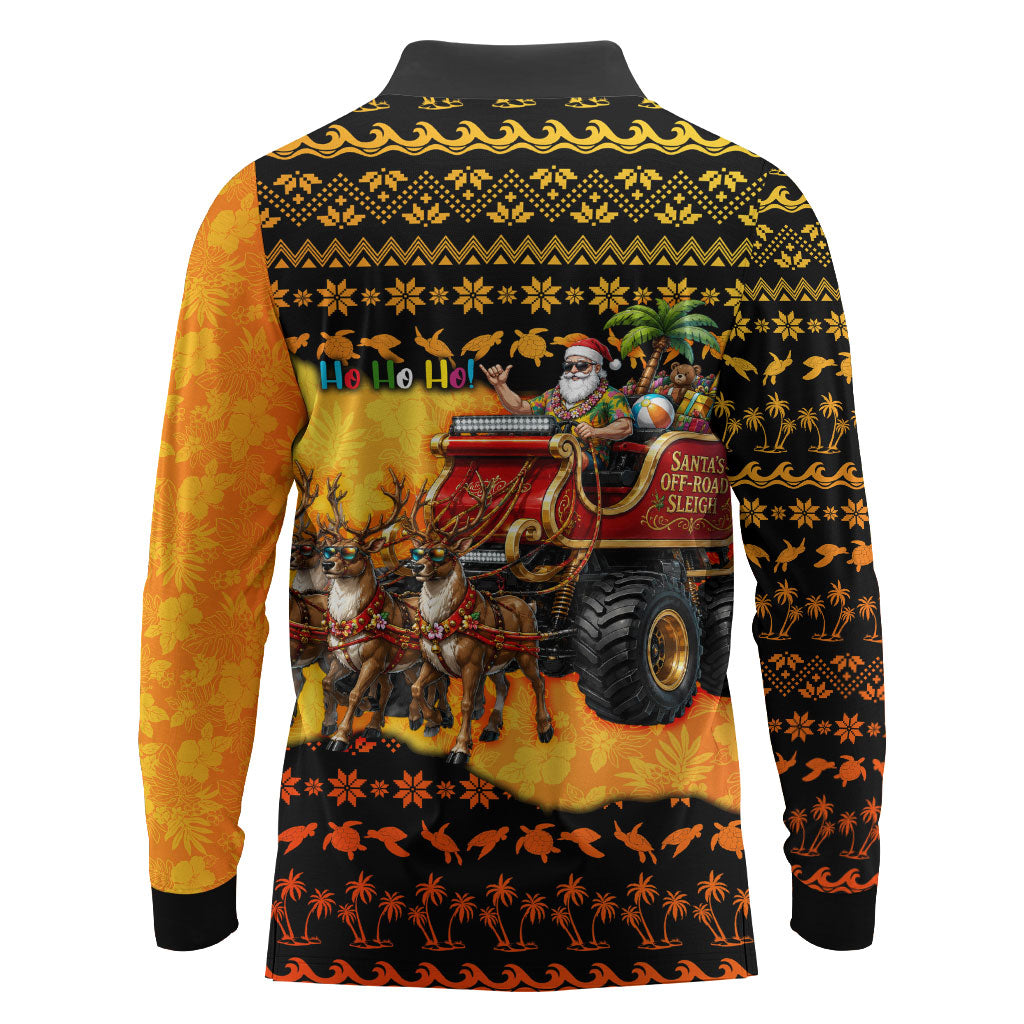 Tropical Christmas In July Santa Claus Long Sleeve Polo Shirt Festive Hawaiian With Beach Reindeer Sleigh