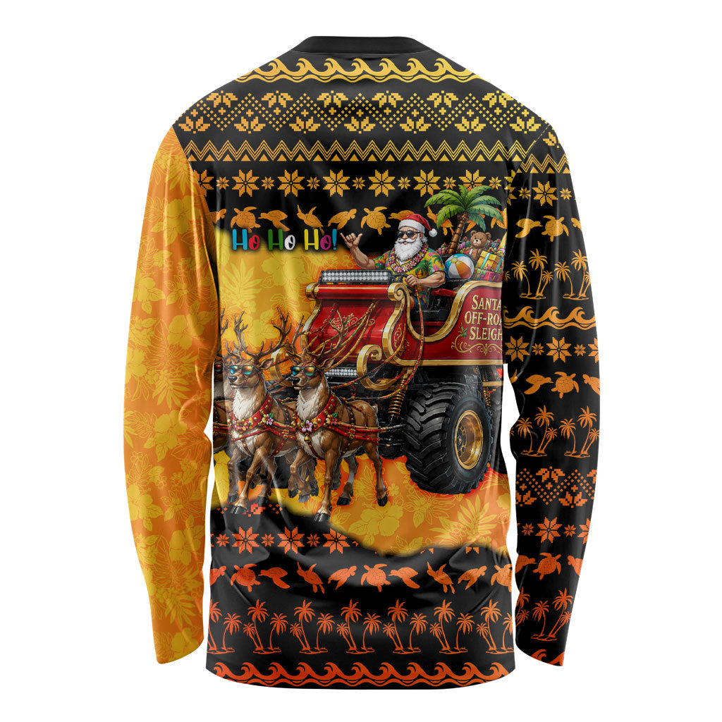 Tropical Christmas In July Santa Claus Long Sleeve Shirt Festive Hawaiian With Beach Reindeer Sleigh