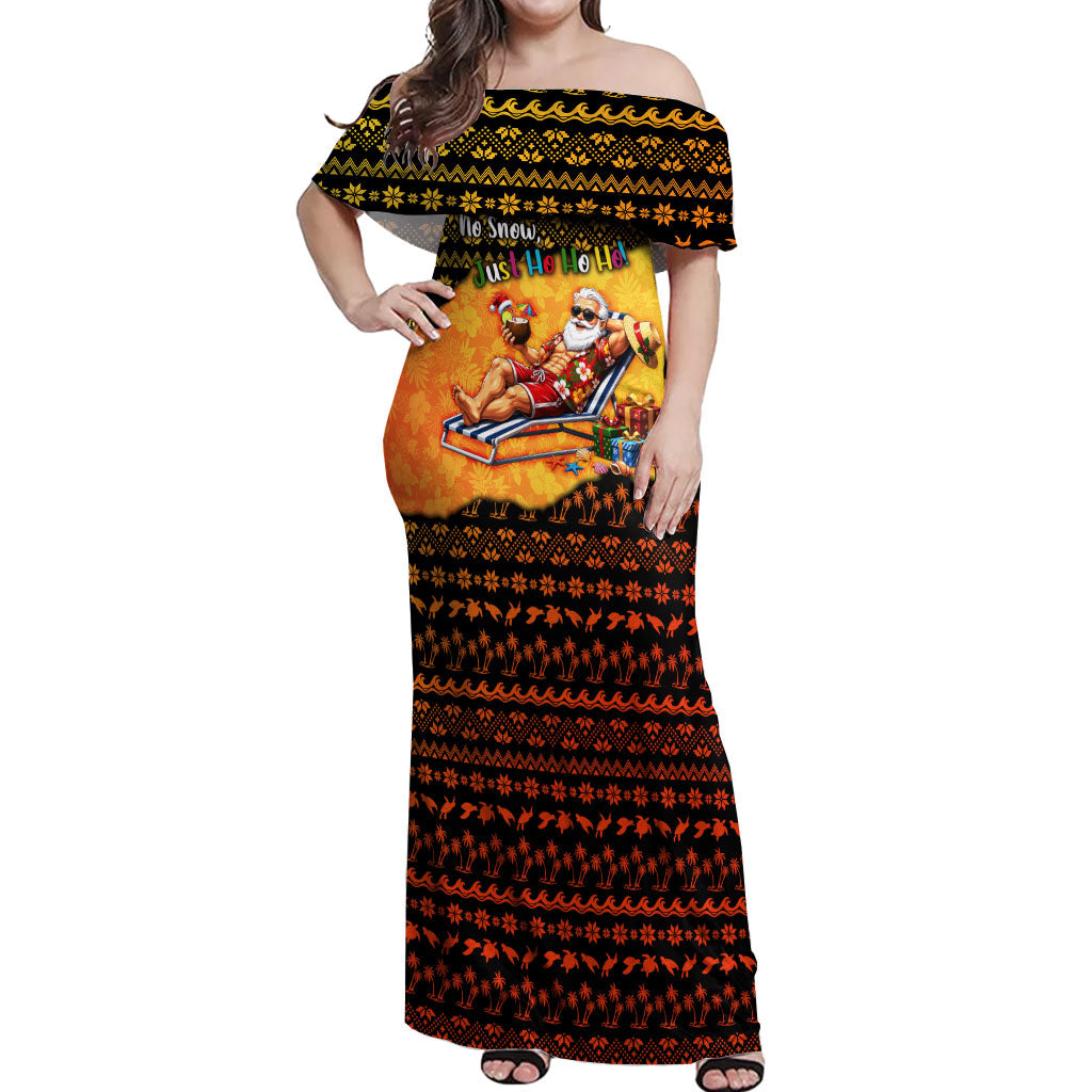 Tropical Christmas In July Santa Claus Off Shoulder Maxi Dress Festive Hawaiian With Beach Reindeer Sleigh TS04 Women Orange Black - Polynesian Pride