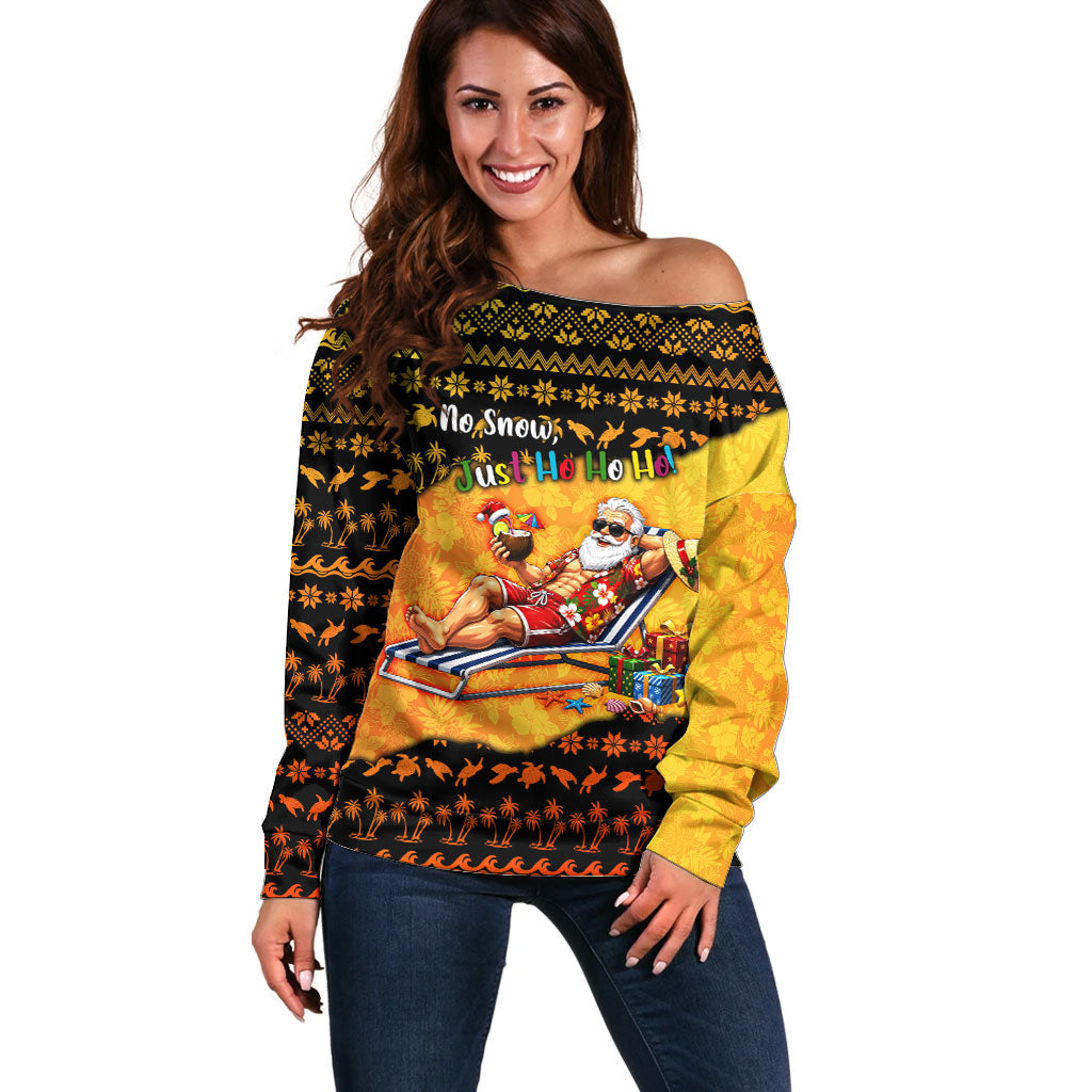 Tropical Christmas In July Santa Claus Off Shoulder Sweater Festive Hawaiian With Beach Reindeer Sleigh