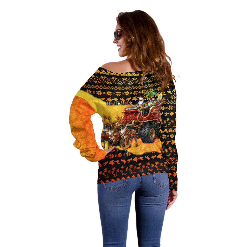 Tropical Christmas In July Santa Claus Off Shoulder Sweater Festive Hawaiian With Beach Reindeer Sleigh