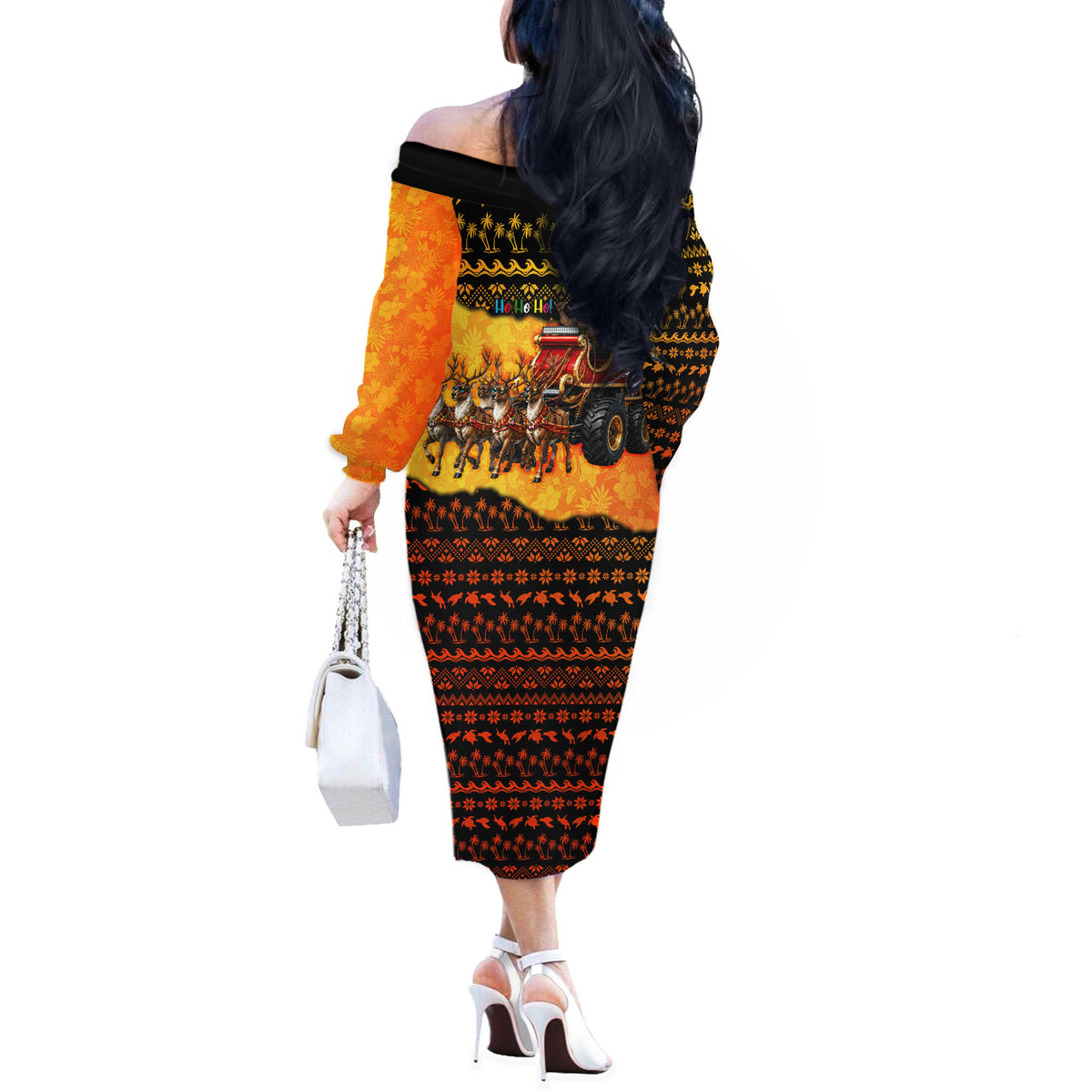 Tropical Christmas In July Santa Claus Off The Shoulder Long Sleeve Dress Festive Hawaiian With Beach Reindeer Sleigh